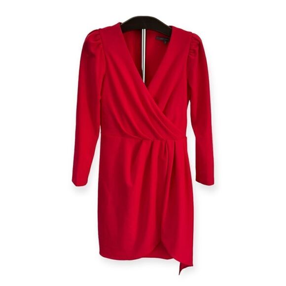 JULIA JORDAN Pleated Faux-Wrap Long-Sleeve Dress in Cherry Size 4 - Picture 17 of 17